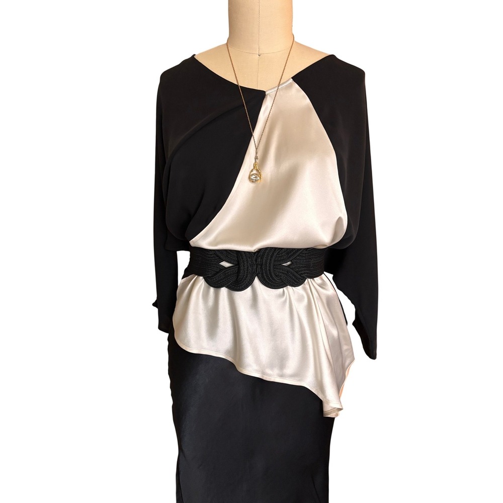 Alice + Olivia Dolman Blouse Womens 4 Black Cream Excellent Asymmetric Silk Top
